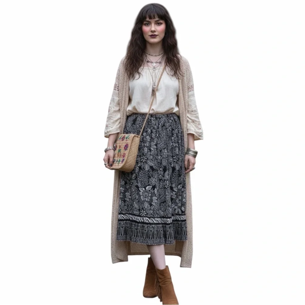 Sag Harbor Whimsigoth Paisley Midi Skirt // B&W Boho Fairycore Flowy Skirt M